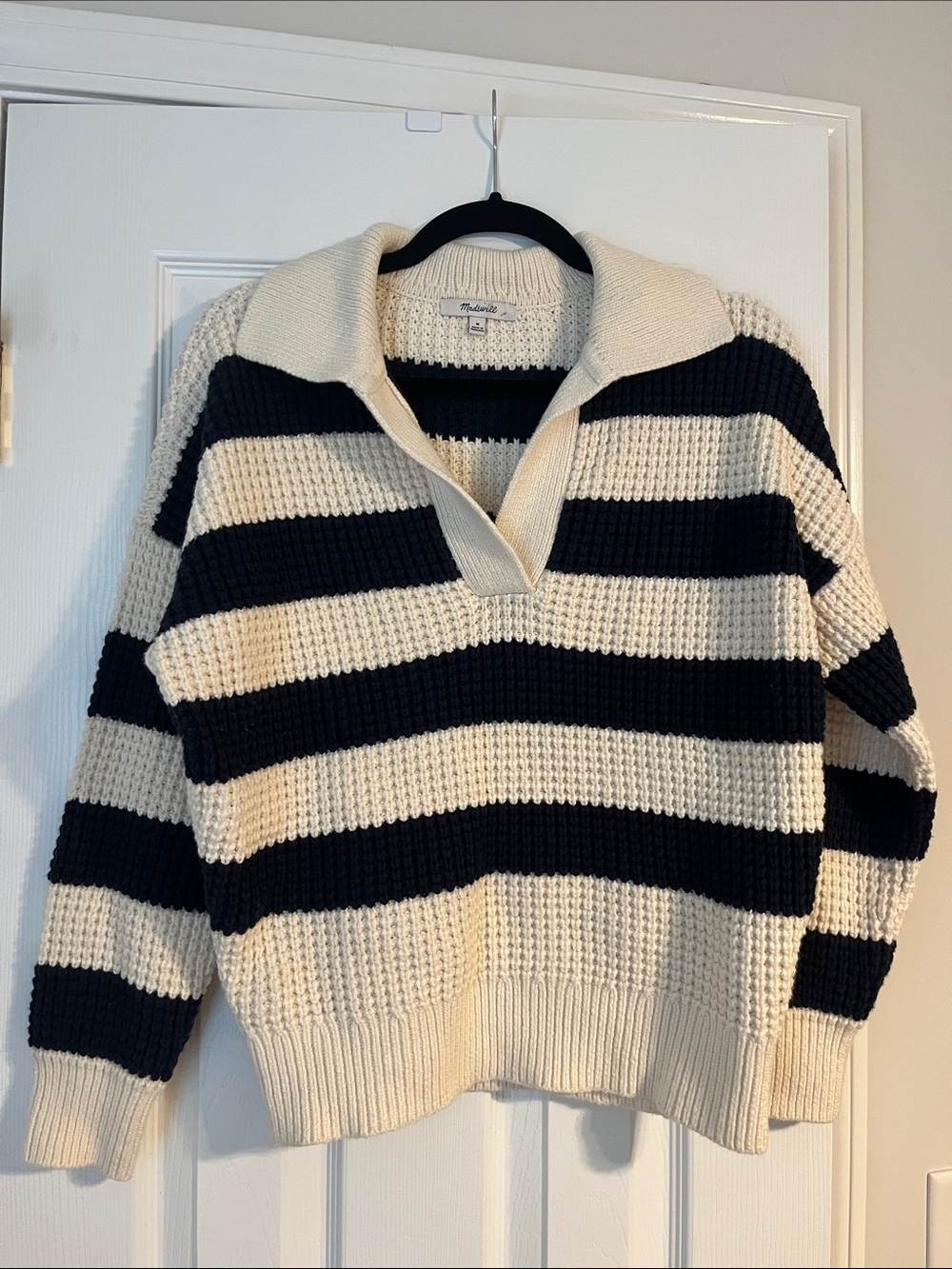 Madewell Chunky Navy and Cream Striped Polo Sweater